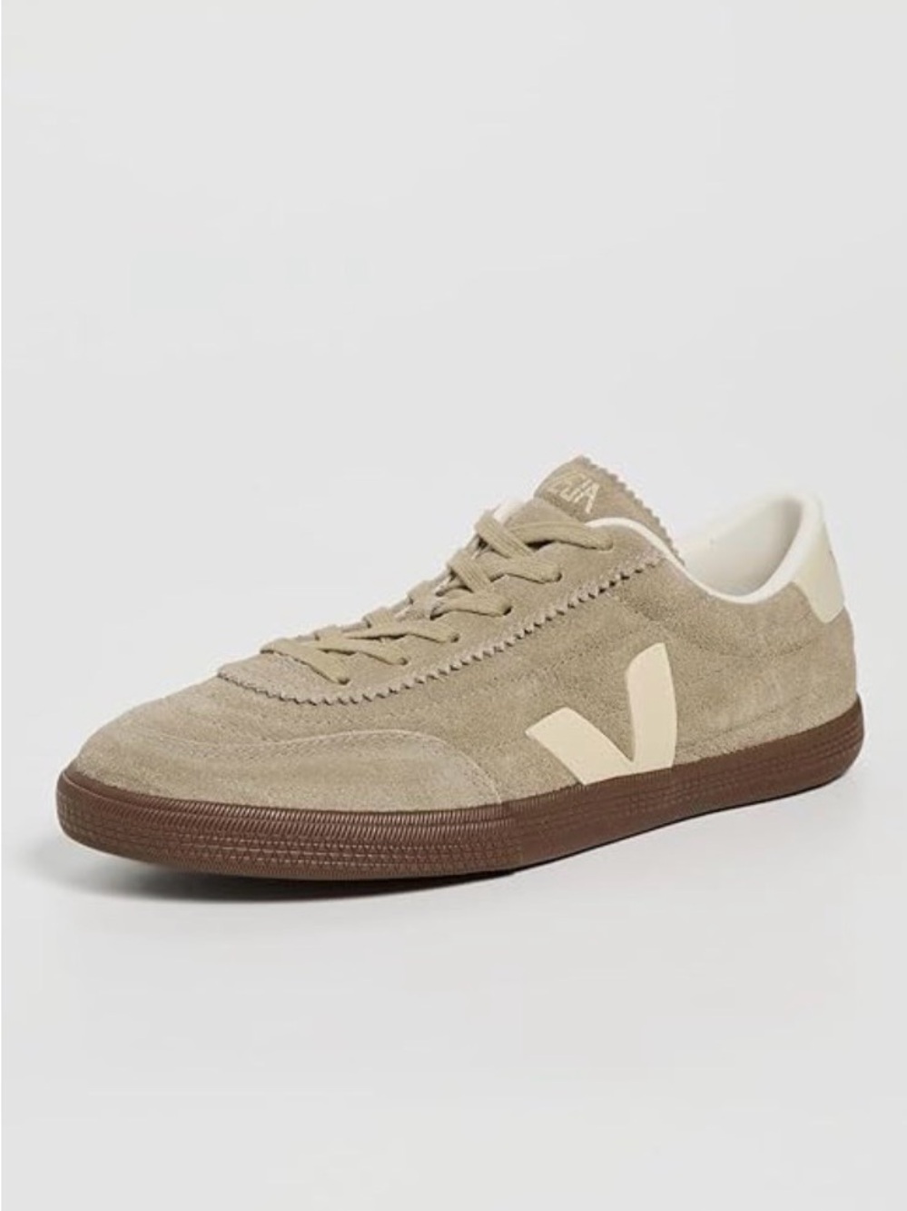 New Veja women’s Suede Sneaker in Taupe with Cream V and Brown Sole